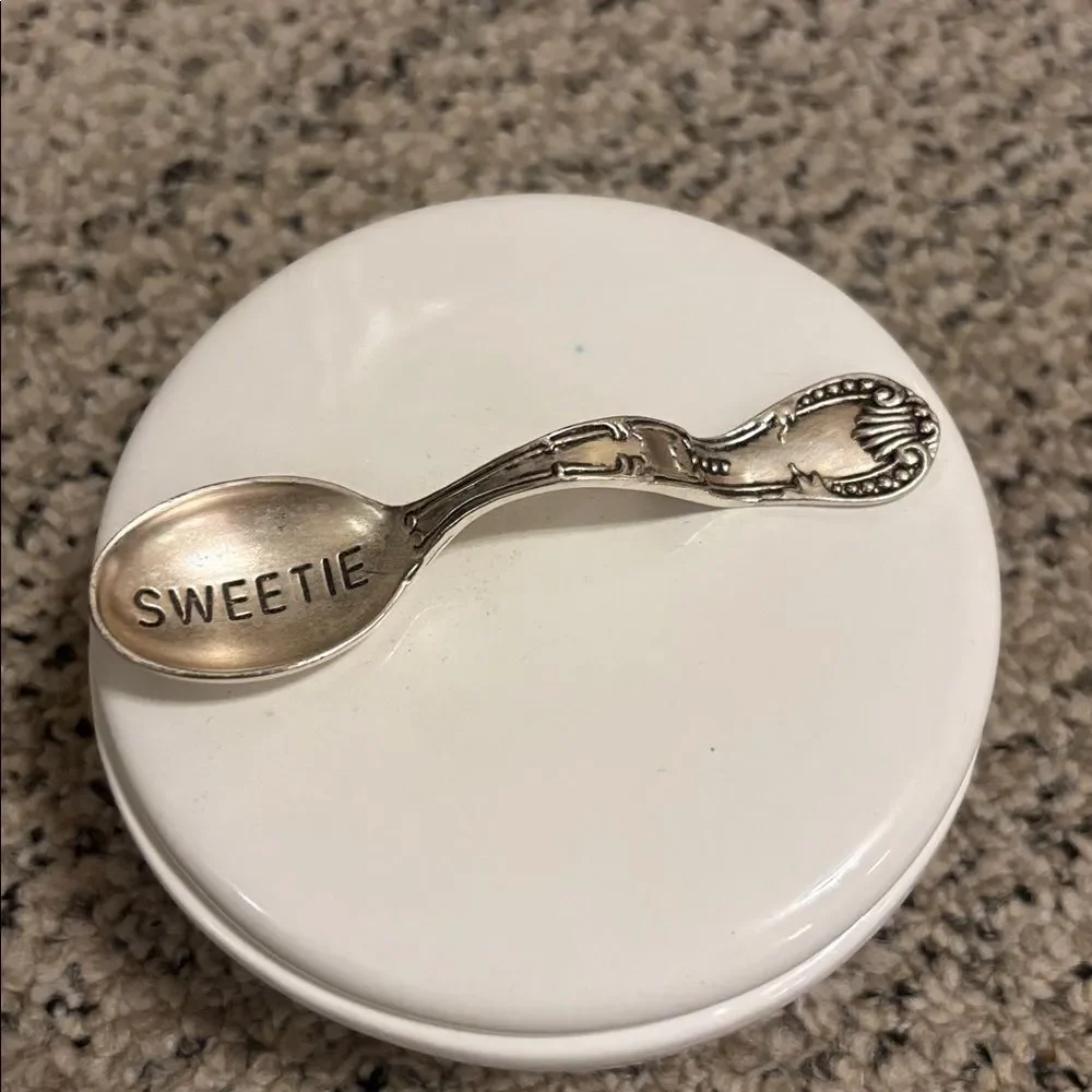 Mudpie White Sugar Bowl with Silver Spoon Handle on Lid